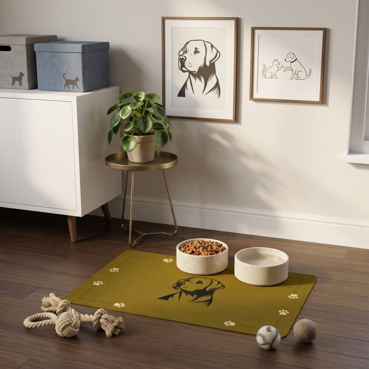 Dog Silhouette Pet Food Mat (12x18) – Paw Print Accent, Non-Slip Feeding Placemat