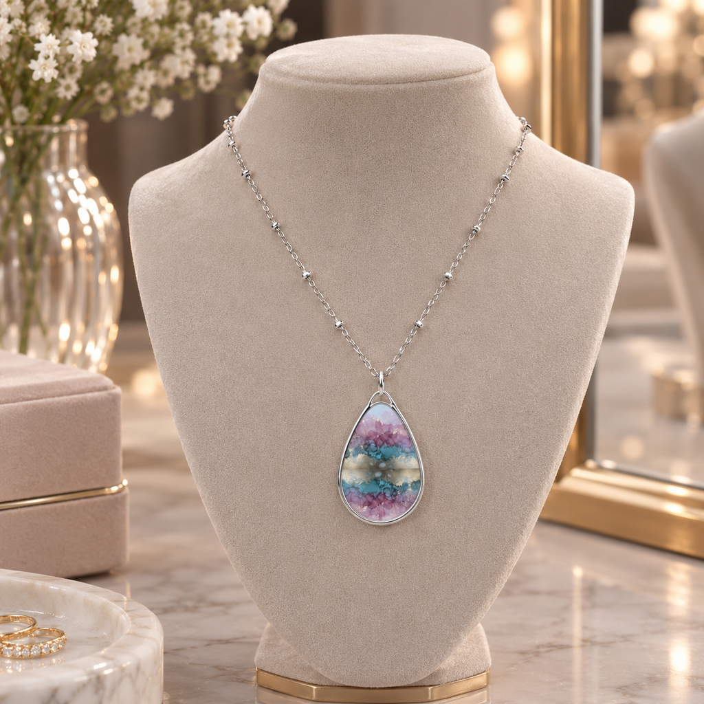 Elegant Pink & Blue Geode-Print Oval Pendant Necklace