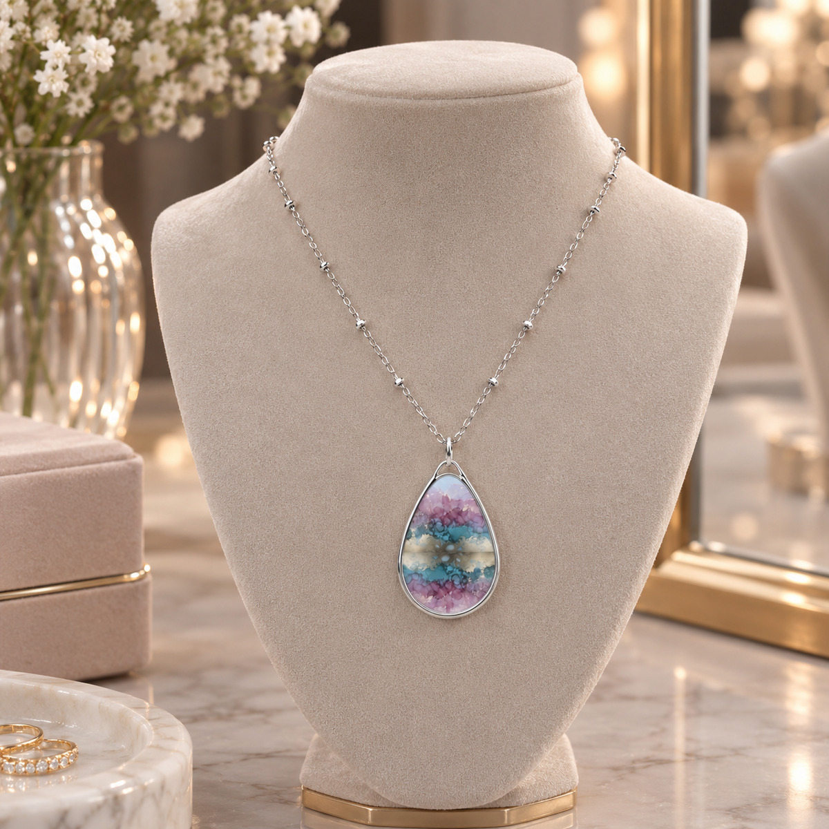 Elegant Pink & Blue Geode-Print Oval Pendant Necklace