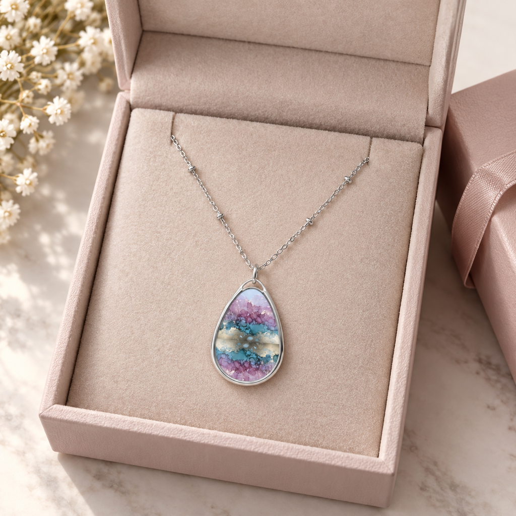 Elegant Pink & Blue Geode-Print Oval Pendant Necklace
