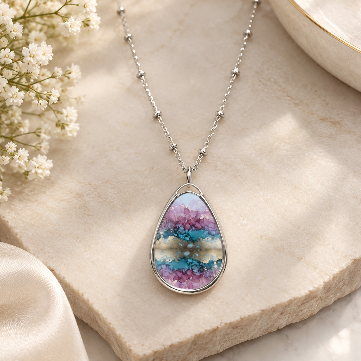 Elegant Pink & Blue Geode-Print Oval Pendant Necklace