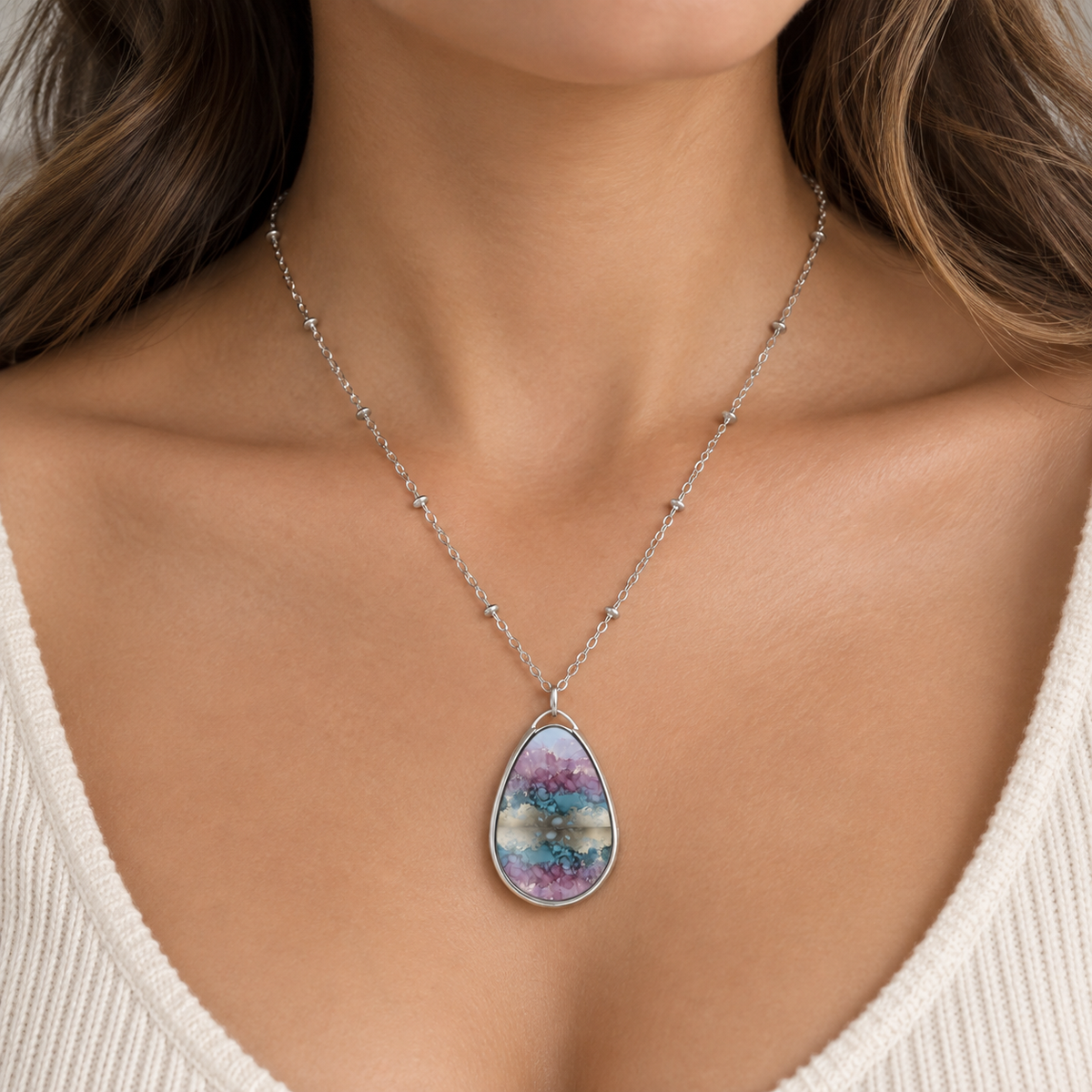 Elegant Pink & Blue Geode-Print Oval Pendant Necklace
