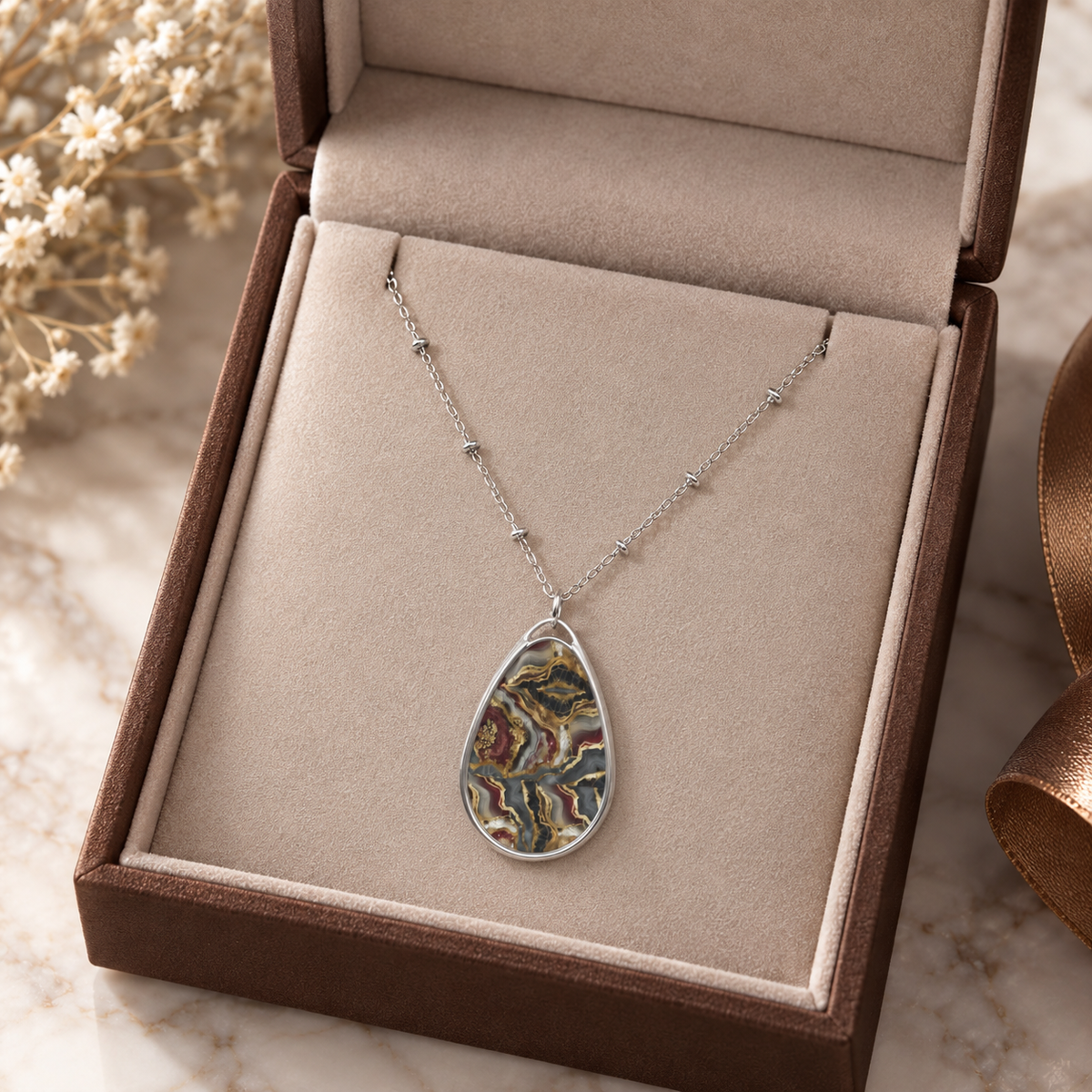 Elegant Agate-Print Oval Pendant Necklace