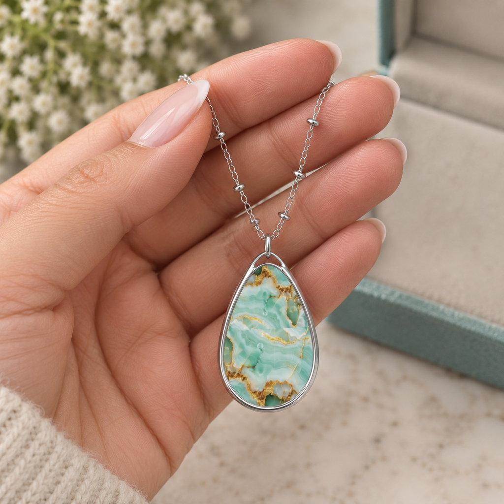 Elegant Aqua Marble Oval Pendant Necklace
