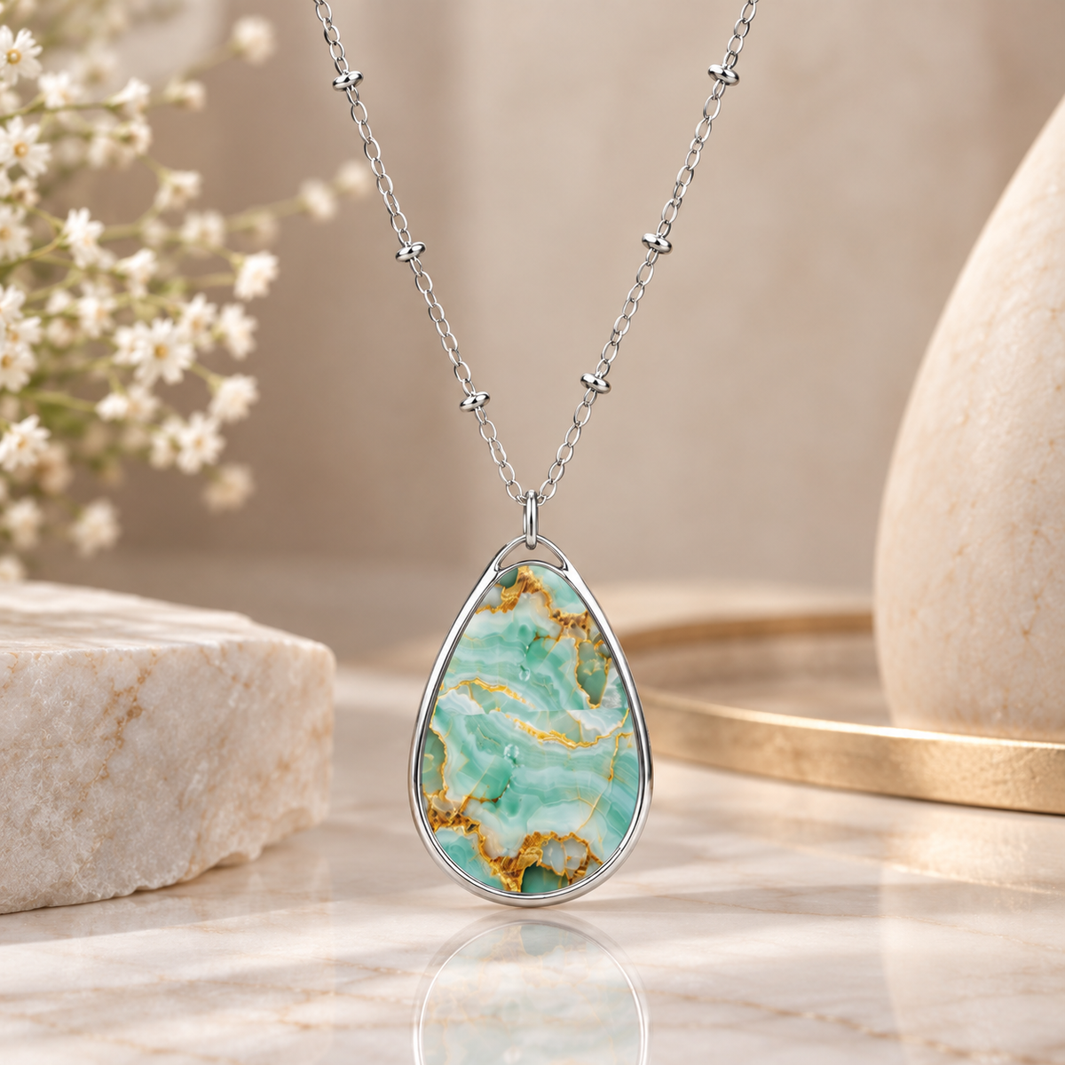 Elegant Aqua Marble Oval Pendant Necklace