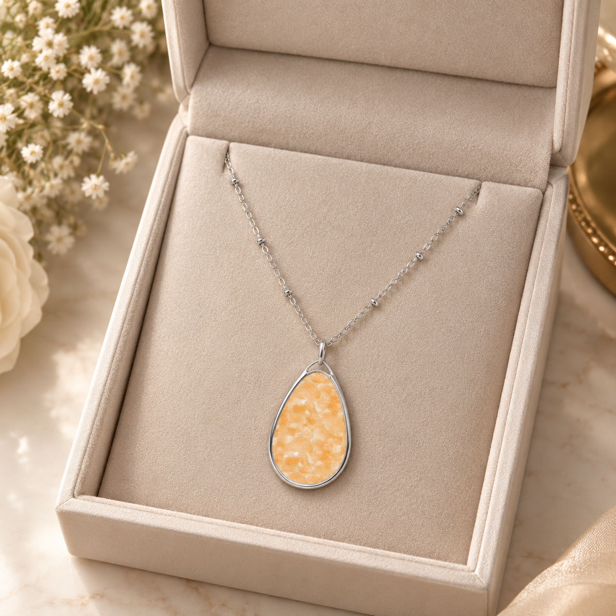 Elegant Peach Marble-Print Oval Pendant Necklace