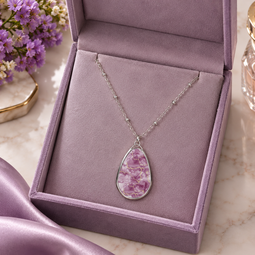 Elegant Pink Marble-Print Teardrop Pendant Necklace