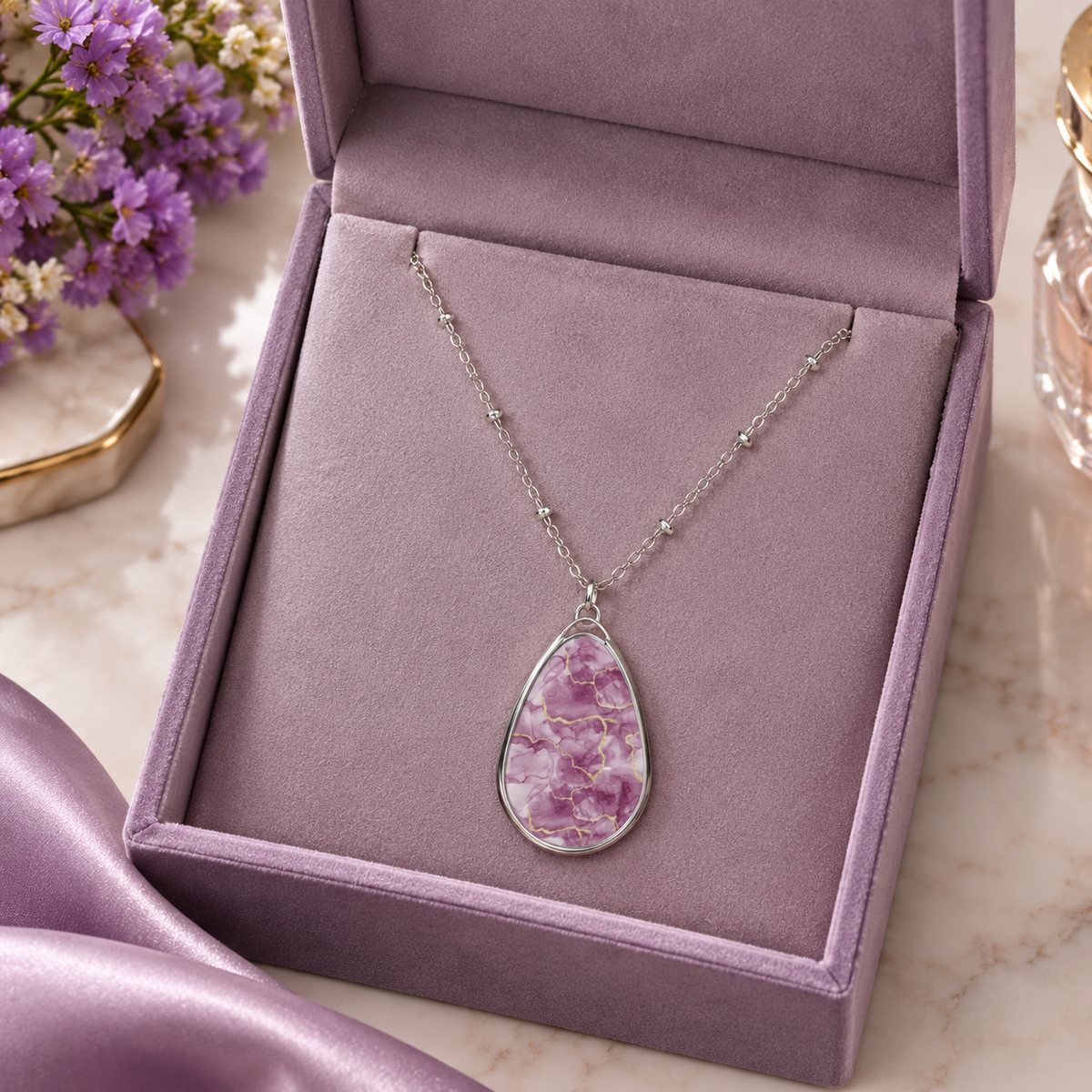 Elegant Pink Marble-Print Teardrop Pendant Necklace