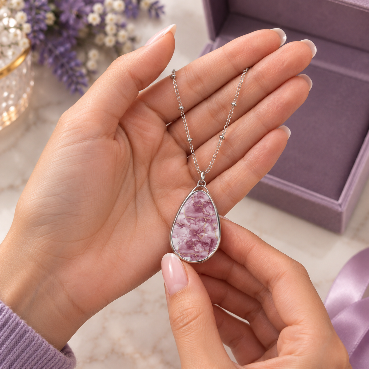Elegant Pink Marble-Print Teardrop Pendant Necklace