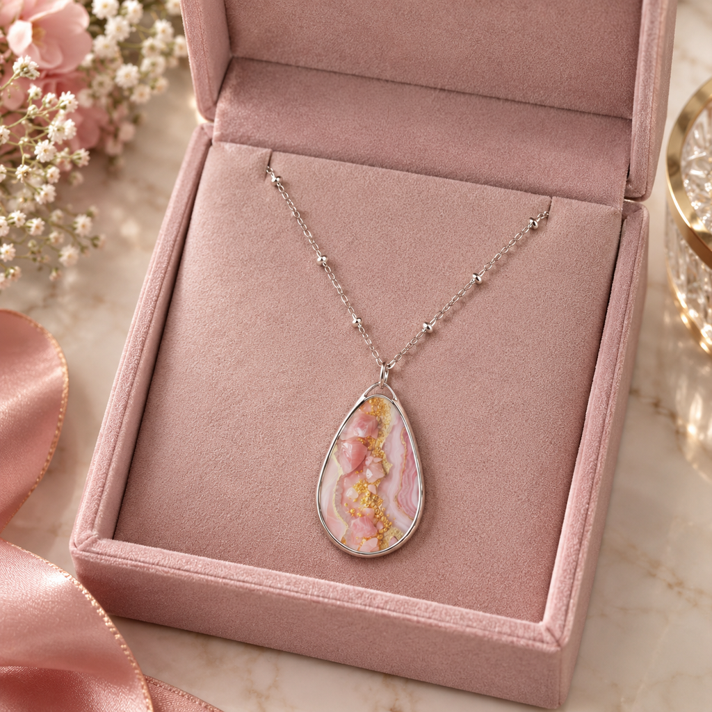 Elegant Pink Agate-Print Teardrop Pendant Necklace
