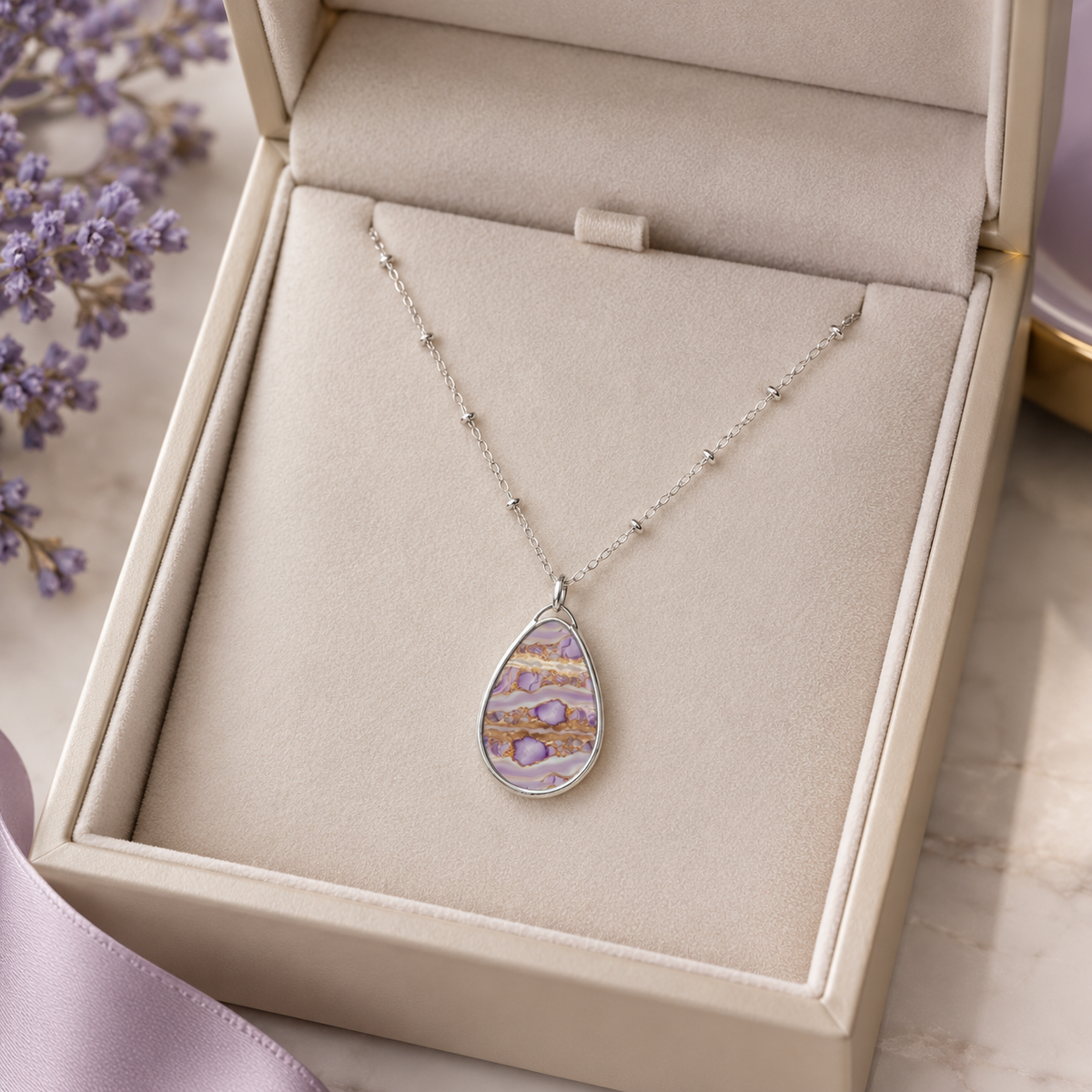 Elegant Lavender Agate-Print Teardrop Pendant Necklace