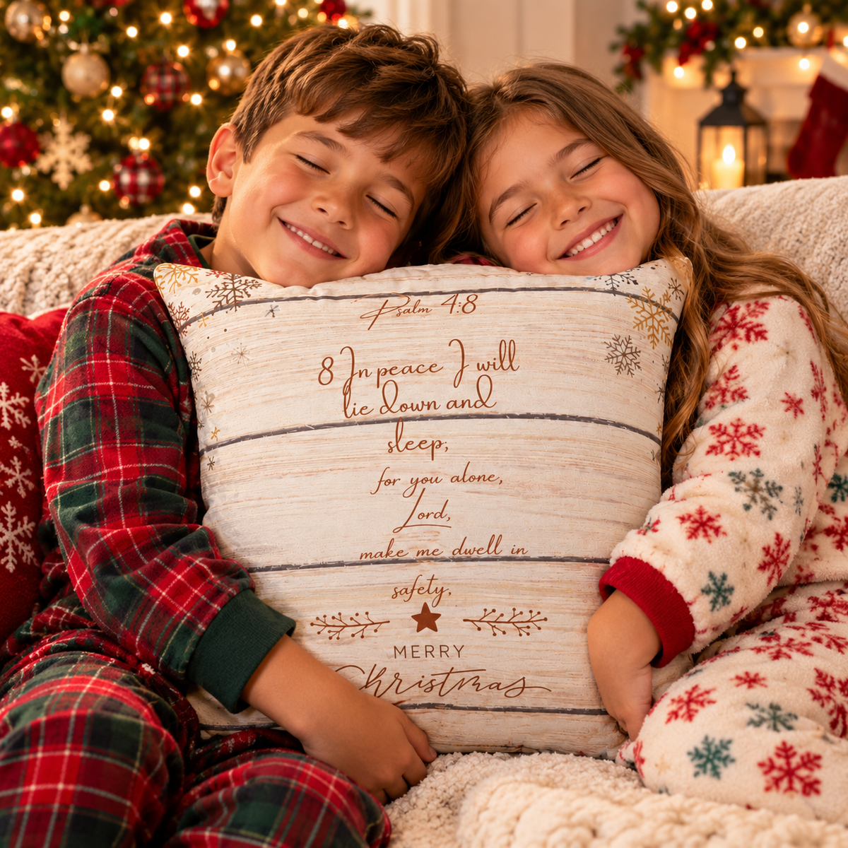 Rustic Merry Christmas Pillow Psalms 4:8 — 'In Peace I Will Lie Down and Sleep' Holiday Pillow