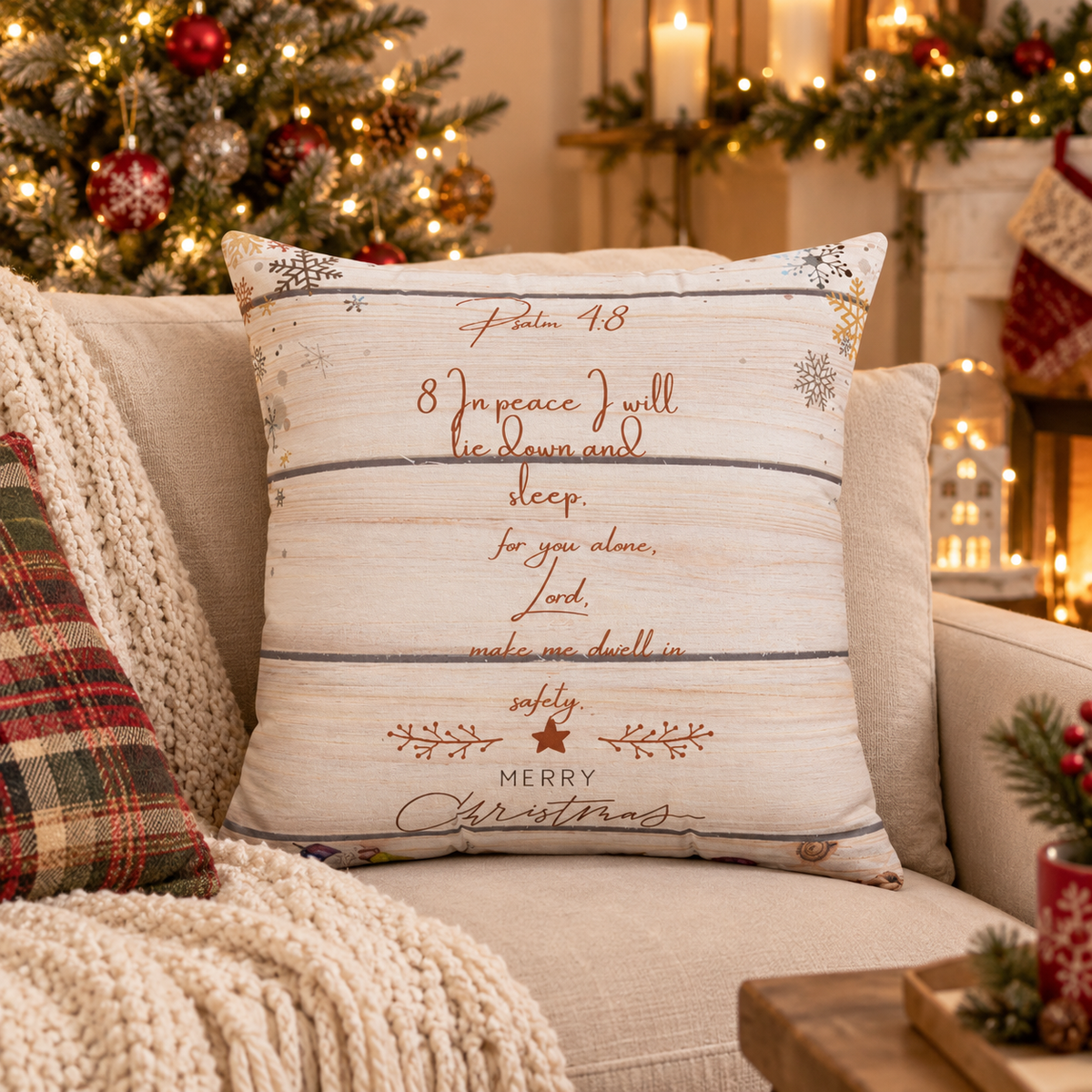 Rustic Merry Christmas Pillow Psalms 4:8 — 'In Peace I Will Lie Down and Sleep' Holiday Pillow