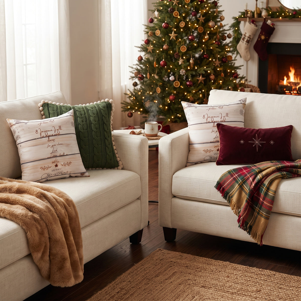 Rustic Merry Christmas Pillow Psalms 4:8 — 'In Peace I Will Lie Down and Sleep' Holiday Pillow