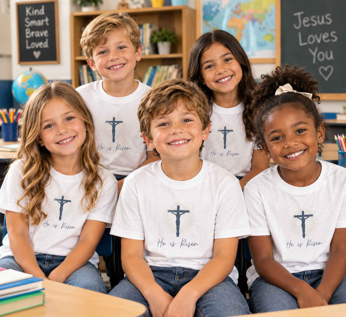 Kids Tee — He Is Risen Christian Easter And For All Times Shirt (Sing Praise Back Print)