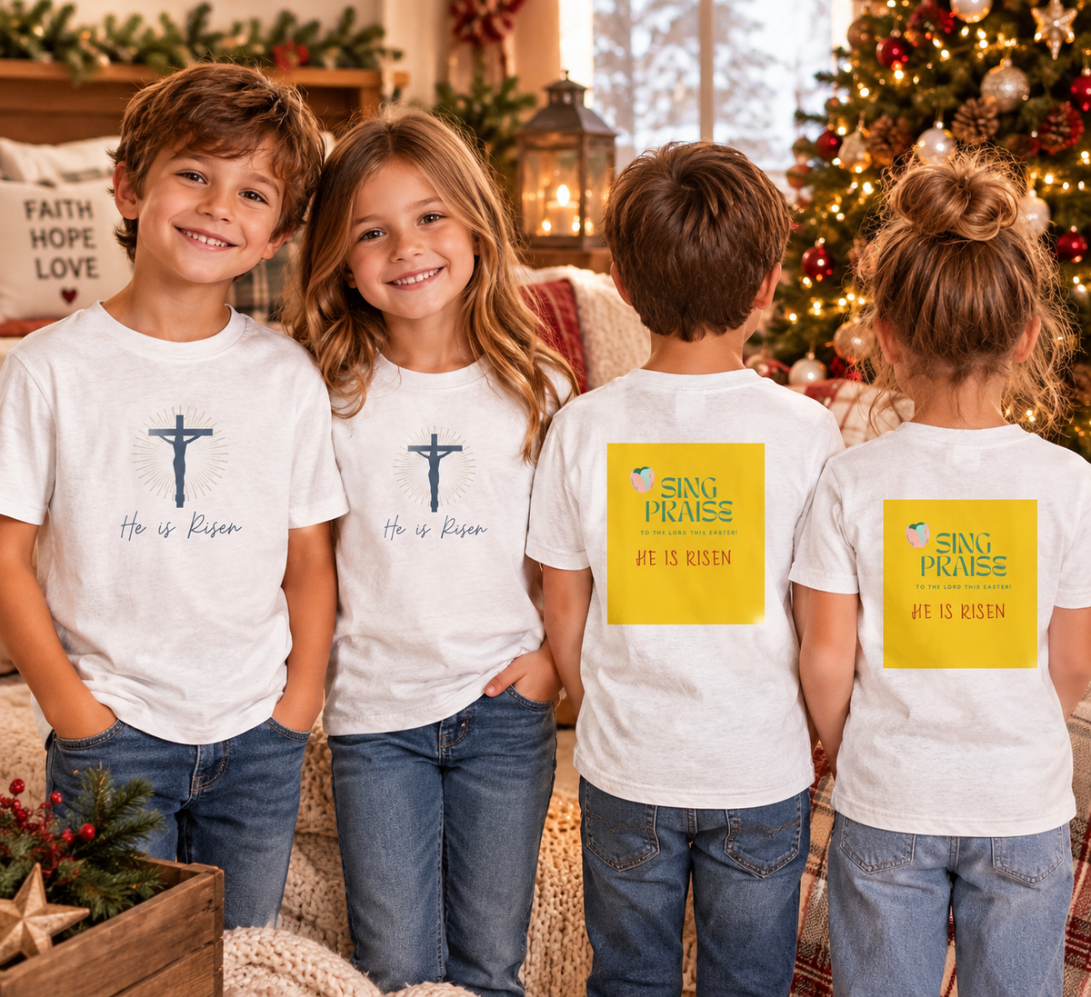 Kids Tee — He Is Risen Christian Easter And For All Times Shirt (Sing Praise Back Print)