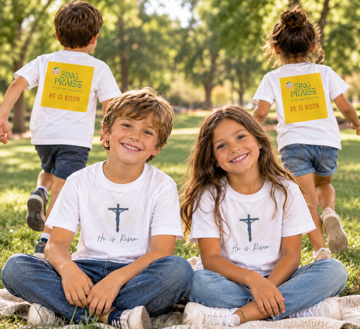 Kids Tee — He Is Risen Christian Easter And For All Times Shirt (Sing Praise Back Print)