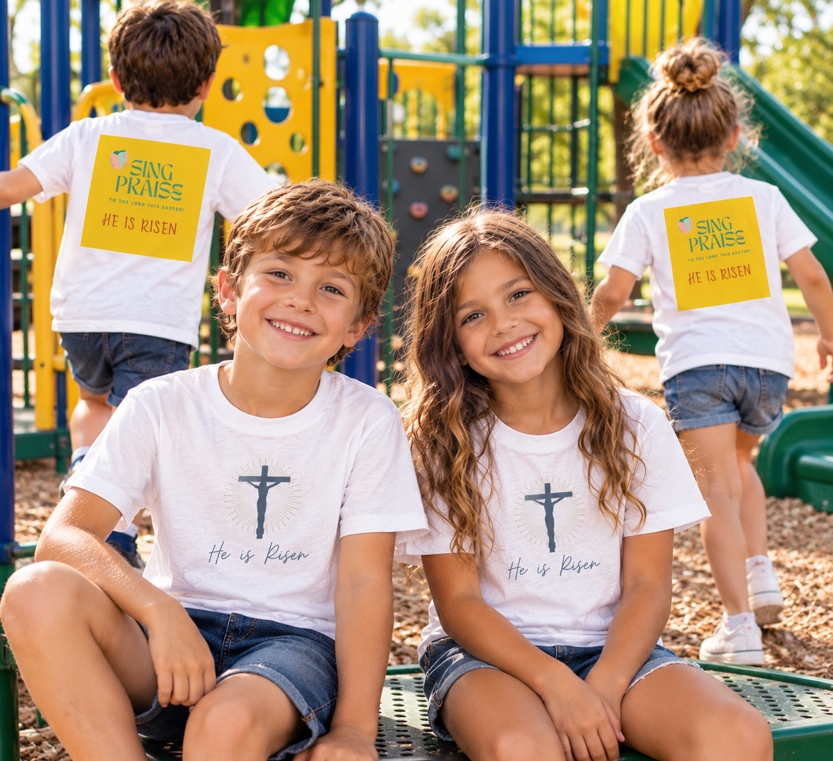 Kids Tee — He Is Risen Christian Easter And For All Times Shirt (Sing Praise Back Print)