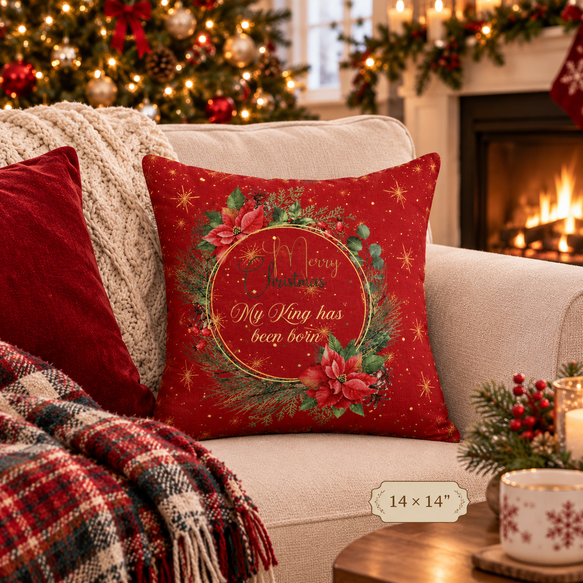 Christmas Wreath Decorative Pillowcase — "Merry Christmas" My King Has Been Born" Pillow Cover