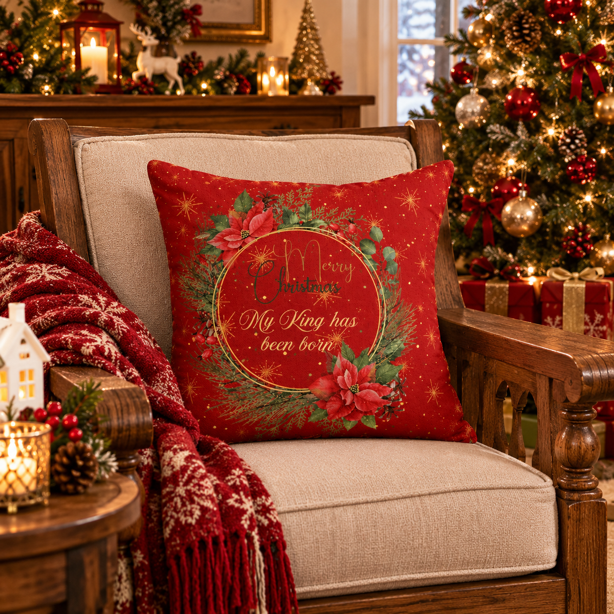 Christmas Wreath Decorative Pillowcase — "Merry Christmas" My King Has Been Born" Pillow Cover