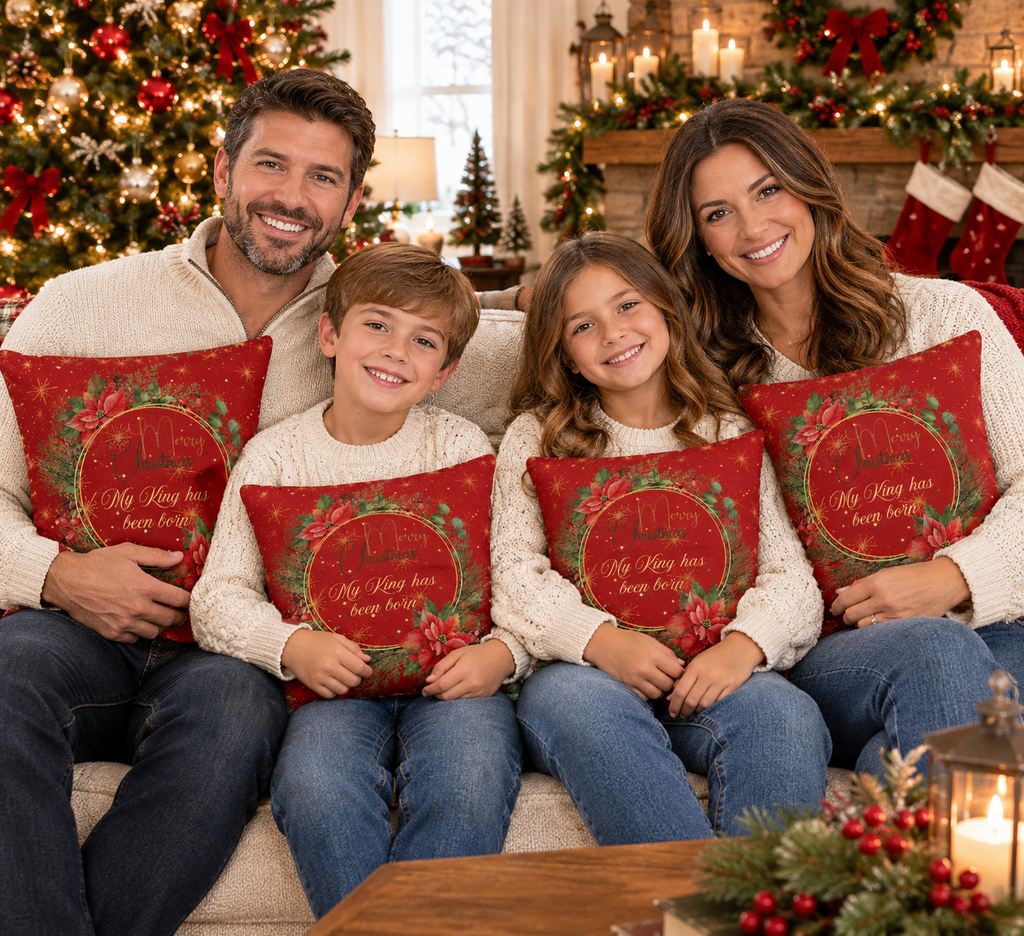Christmas Wreath Decorative Pillowcase — "Merry Christmas" My King Has Been Born" Pillow Cover