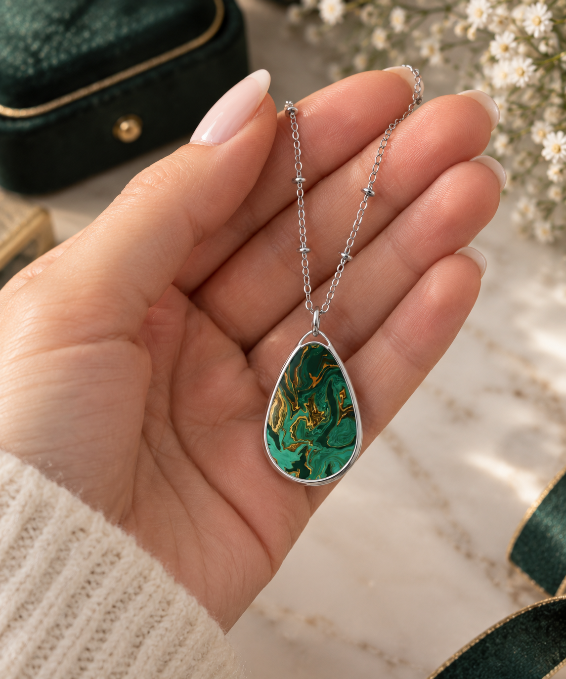 Elegant Forest Green Marble-Print Teardrop Pendant Necklace