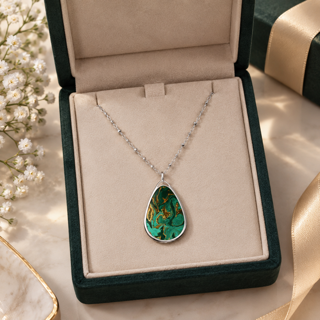 Elegant Forest Green Marble-Print Teardrop Pendant Necklace