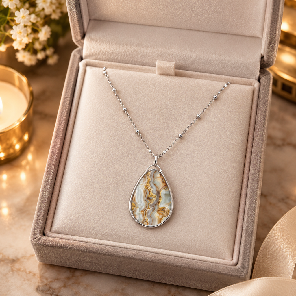 Elegant Cream & Gold Agate-Print Teardrop Pendant Necklace