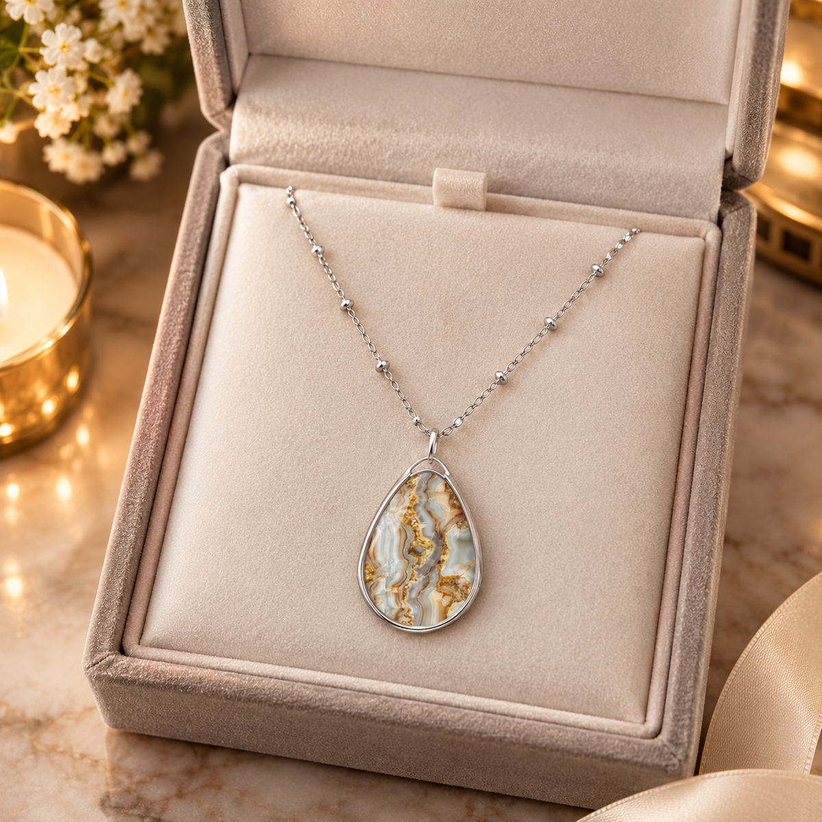 Elegant Cream & Gold Agate-Print Teardrop Pendant Necklace