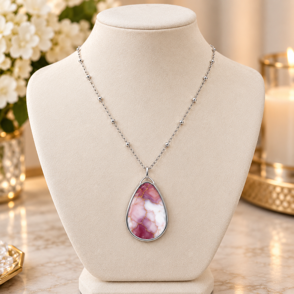 Elegant Rose Marble-Print Oval Pendant Necklace