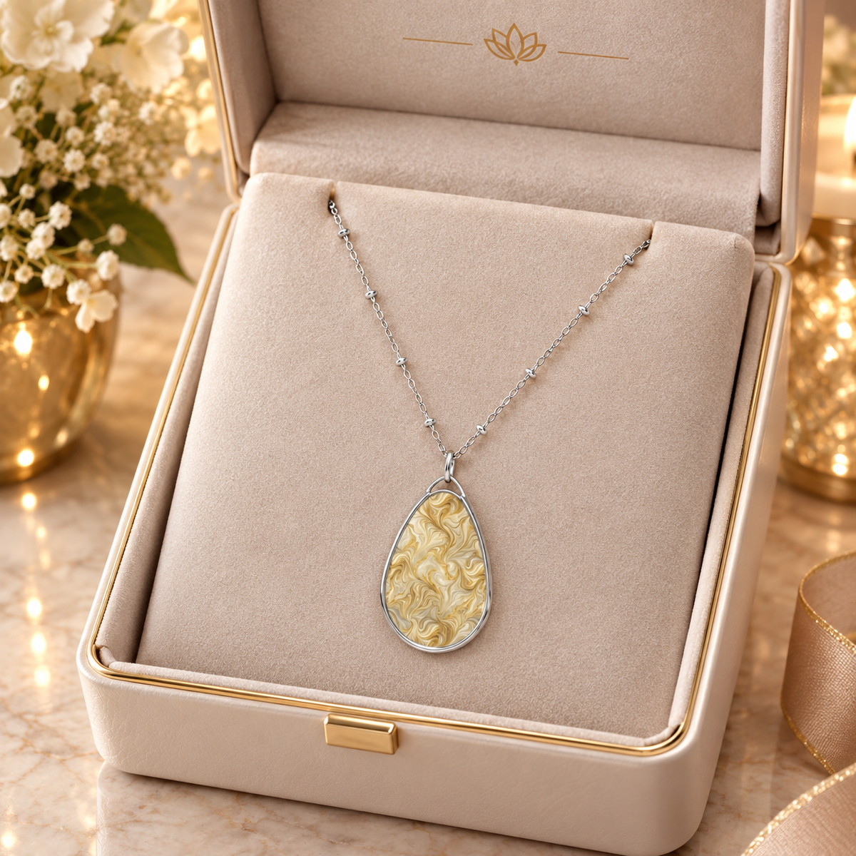 Elegant Gold Swirl-Print Teardrop Pendant Necklace