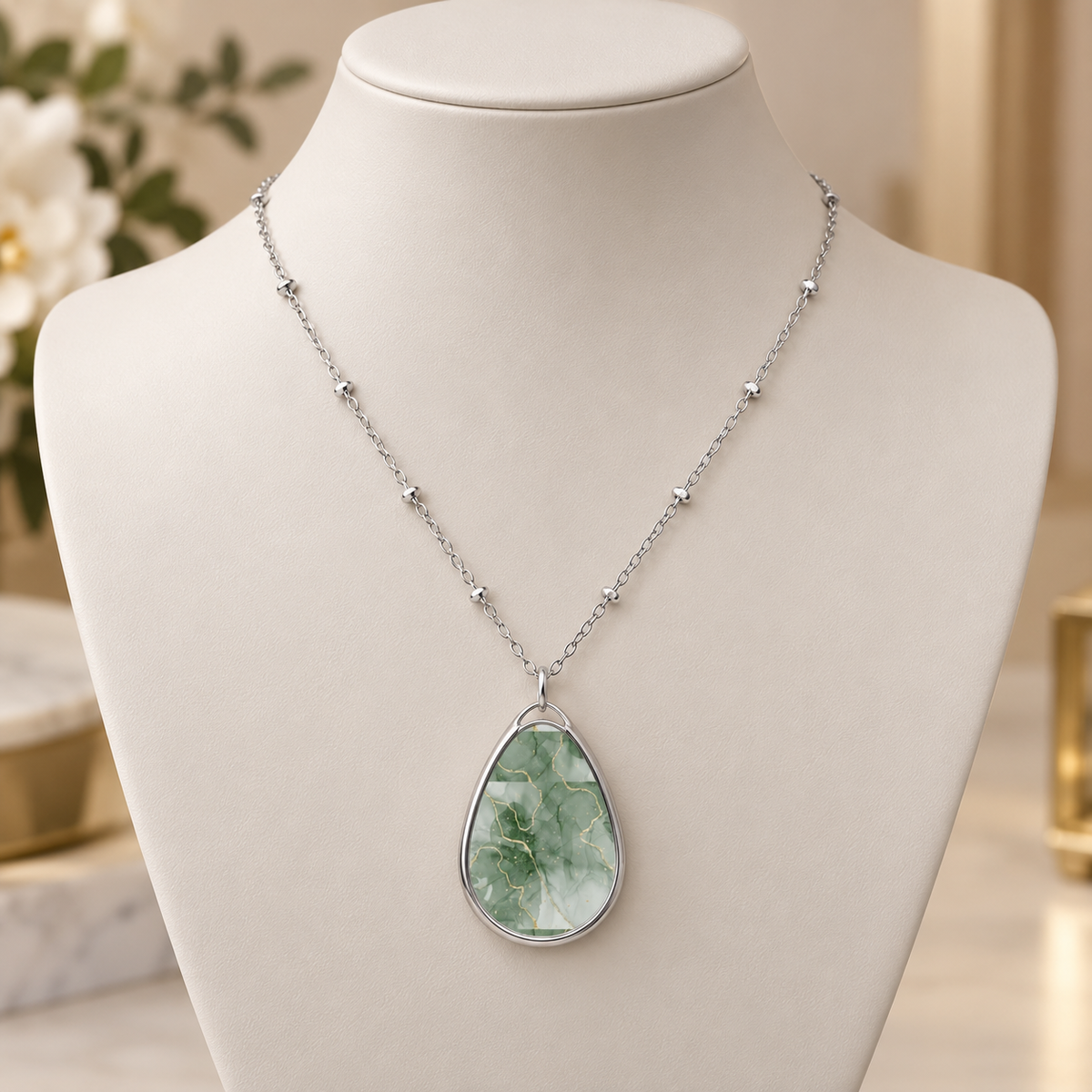 Elegant Green Marble-Print Oval Pendant Necklace