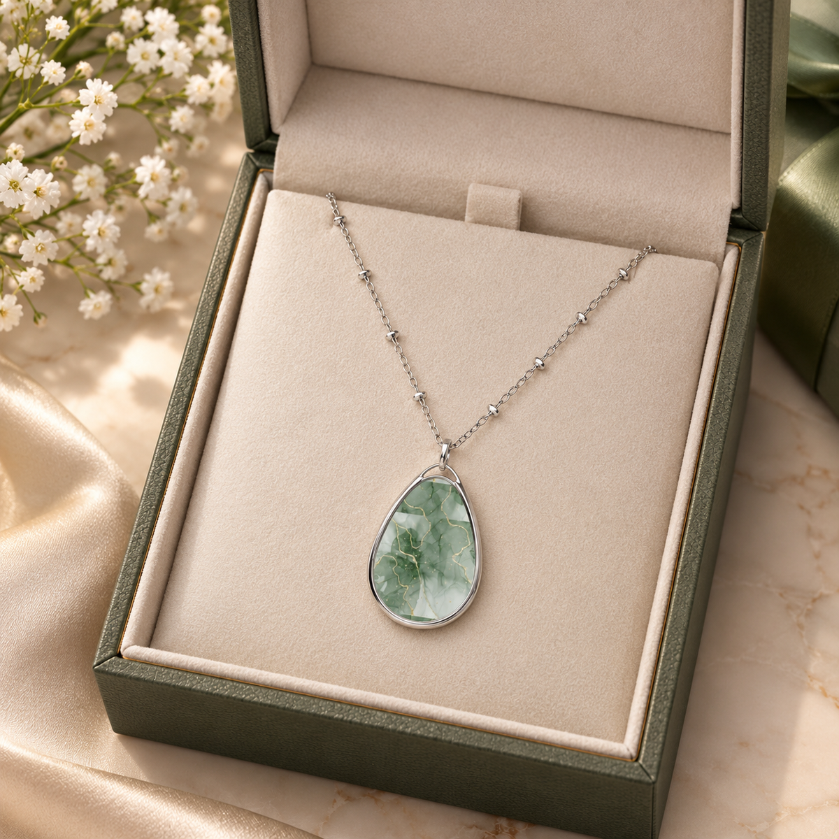 Elegant Green Marble-Print Oval Pendant Necklace