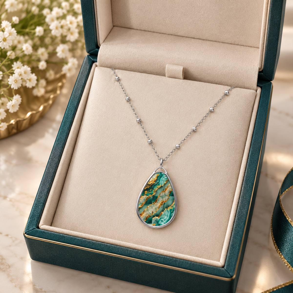 Elegant Green Agate-Print Teardrop Pendant Necklace