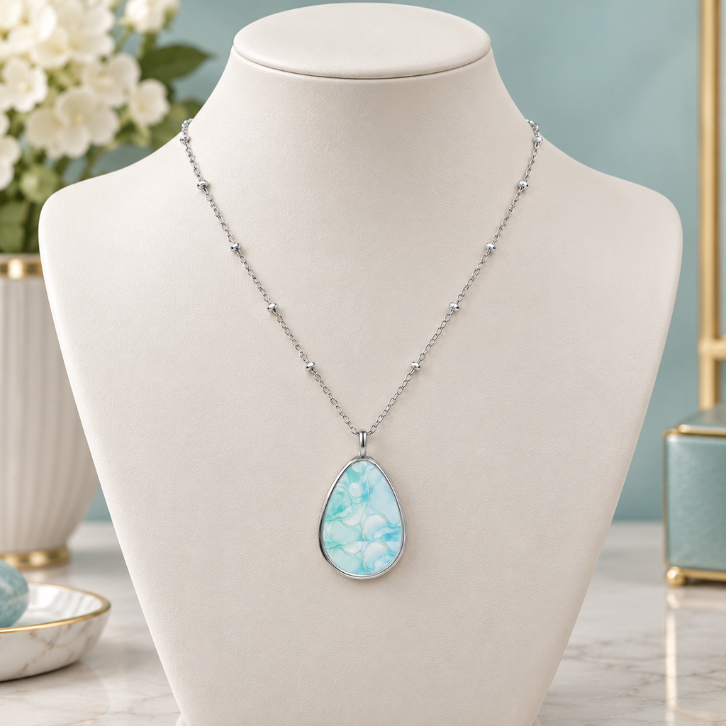 Elegant Aqua Marble-Print Teardrop Pendant Necklace