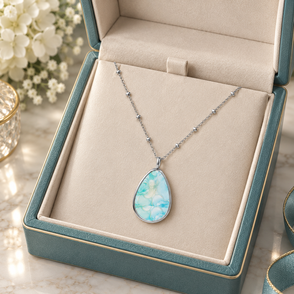Elegant Aqua Marble-Print Teardrop Pendant Necklace