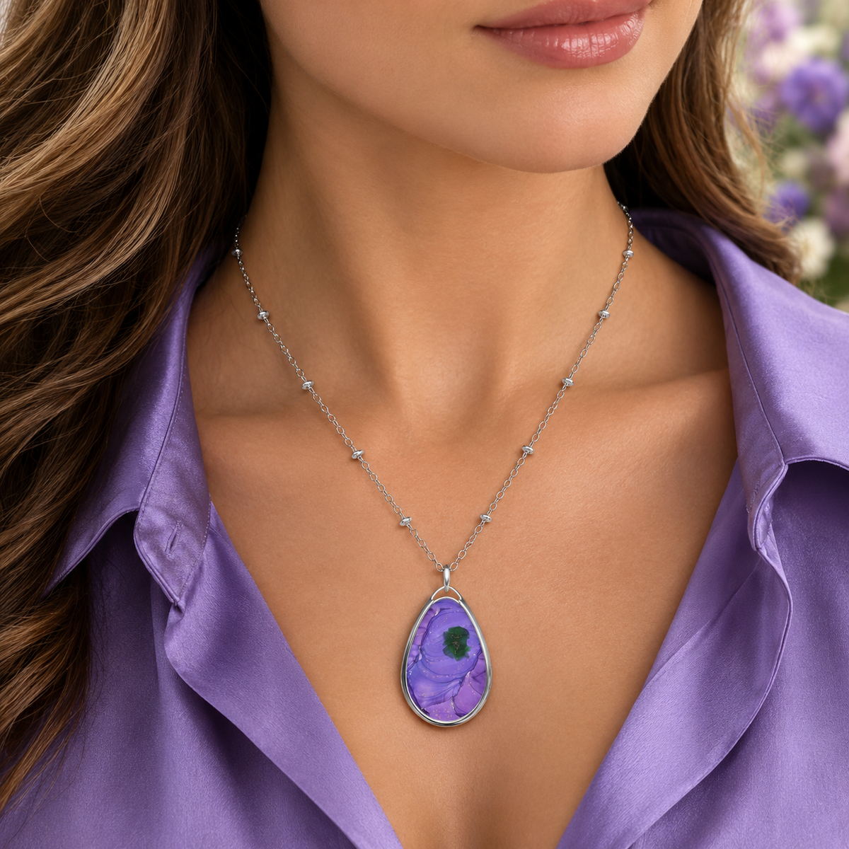 Elegant Purple Watercolor-Print Teardrop Pendant Necklace