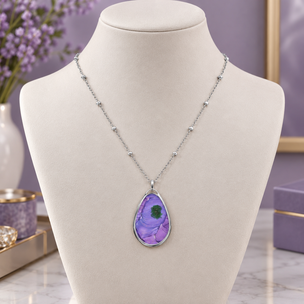 Elegant Purple Watercolor-Print Teardrop Pendant Necklace
