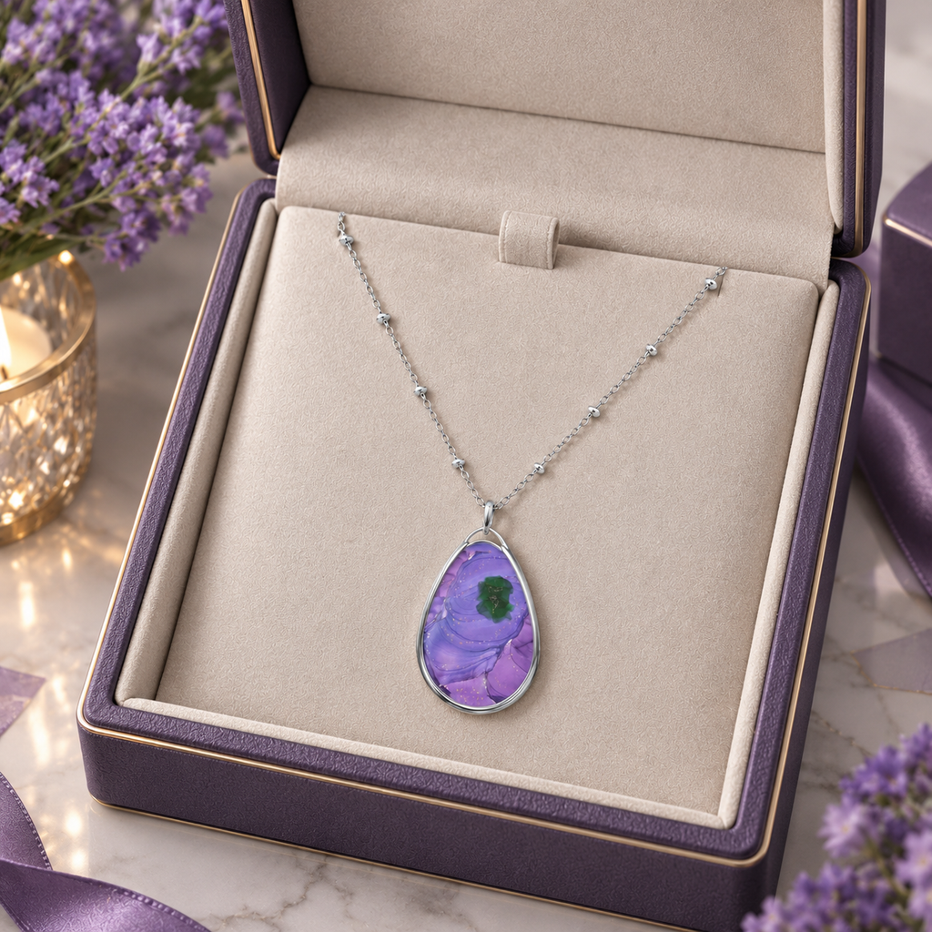 Elegant Purple Watercolor-Print Teardrop Pendant Necklace