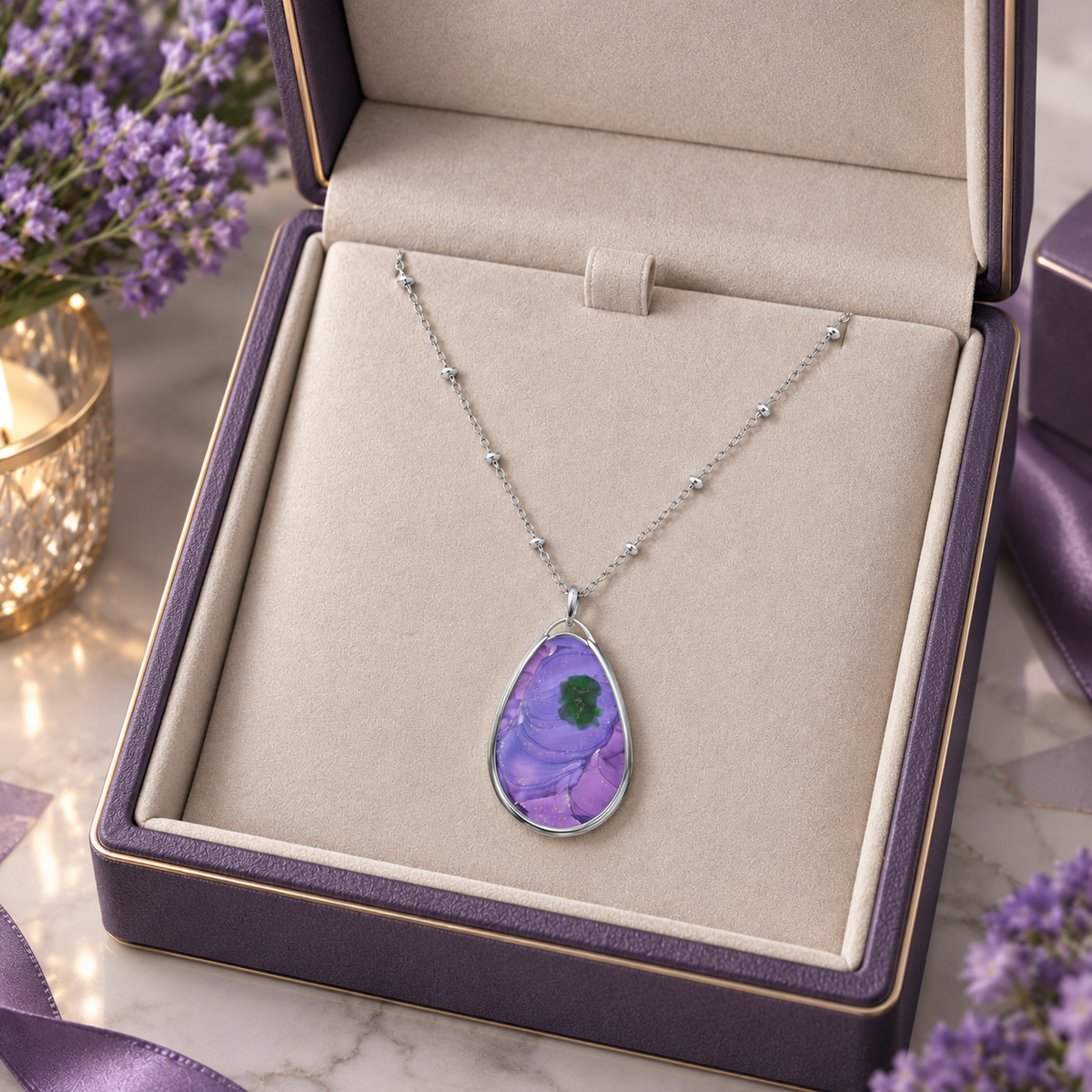 Elegant Purple Watercolor-Print Teardrop Pendant Necklace