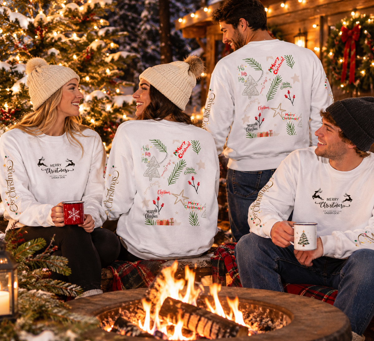 Christmas Graphic Crewneck Sweatshirt — Merry Christmas Holiday Sweater with Festive Sleeve Prints