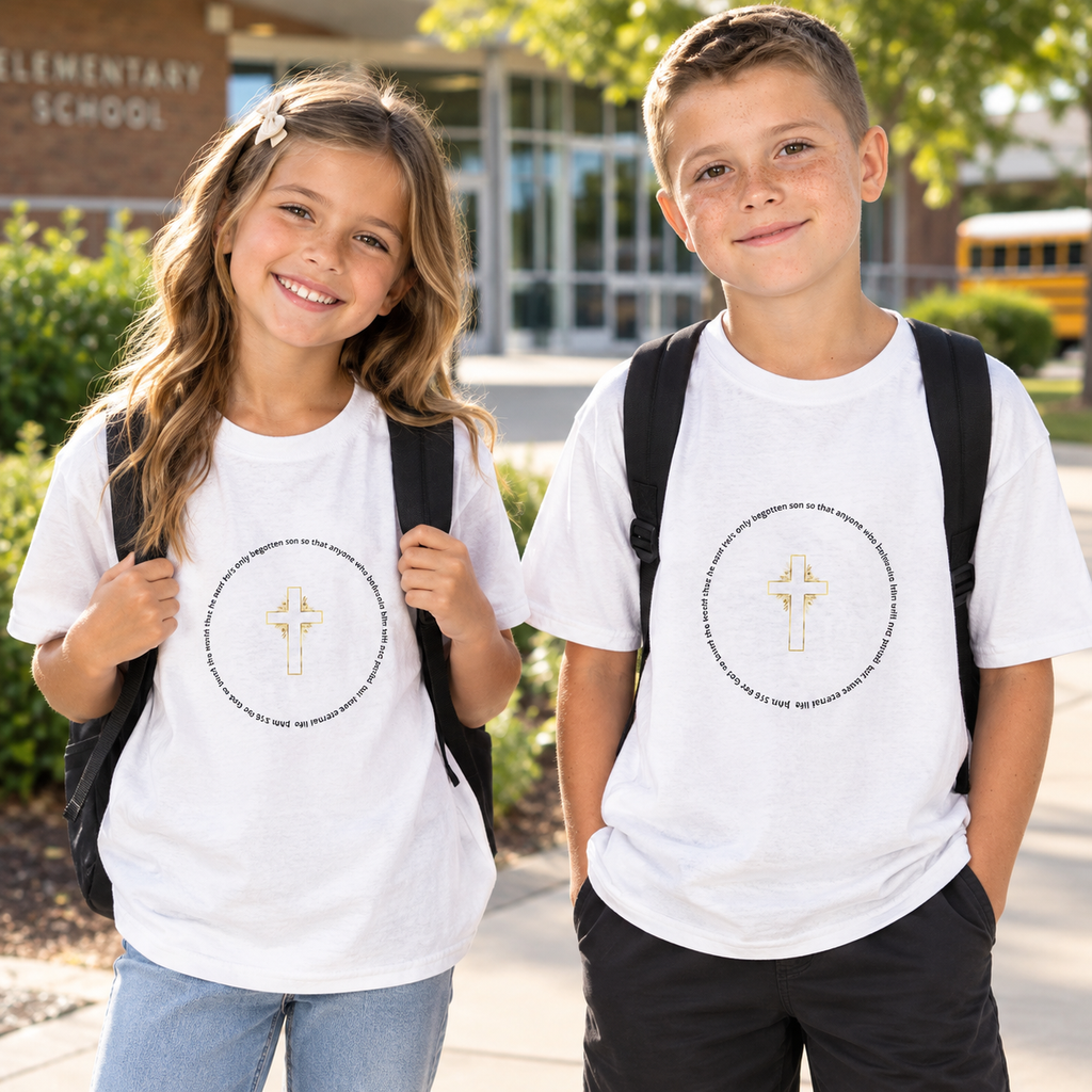 Kids Christian T‑Shirt — Gold Cross & "my refuge & my strength" Faith Tee
