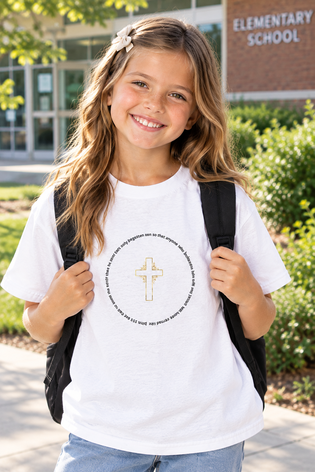 Kids Christian T‑Shirt — Gold Cross & "my refuge & my strength" Faith Tee