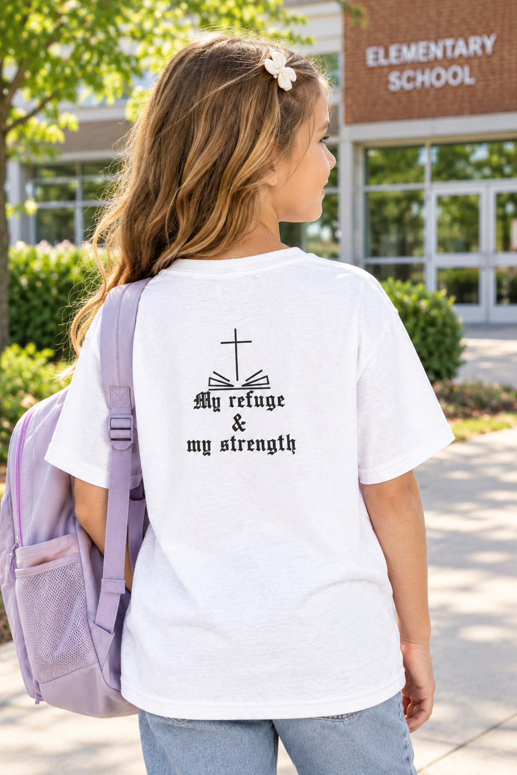 Kids Christian T‑Shirt — Gold Cross & "my refuge & my strength" Faith Tee