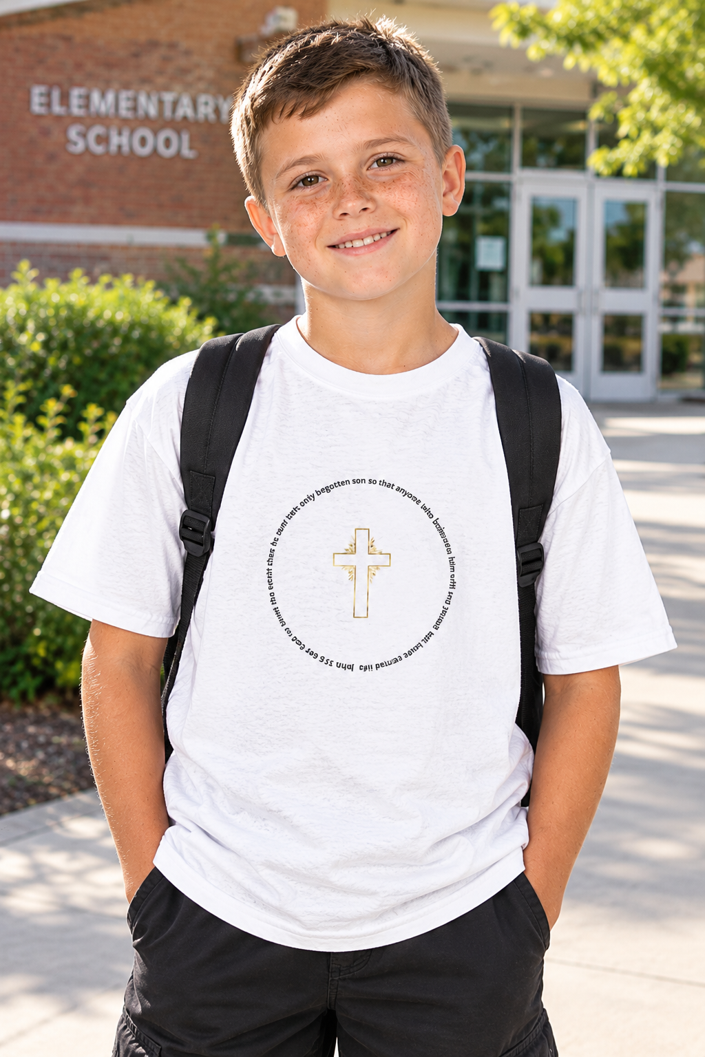 Kids Christian T‑Shirt — Gold Cross & "my refuge & my strength" Faith Tee