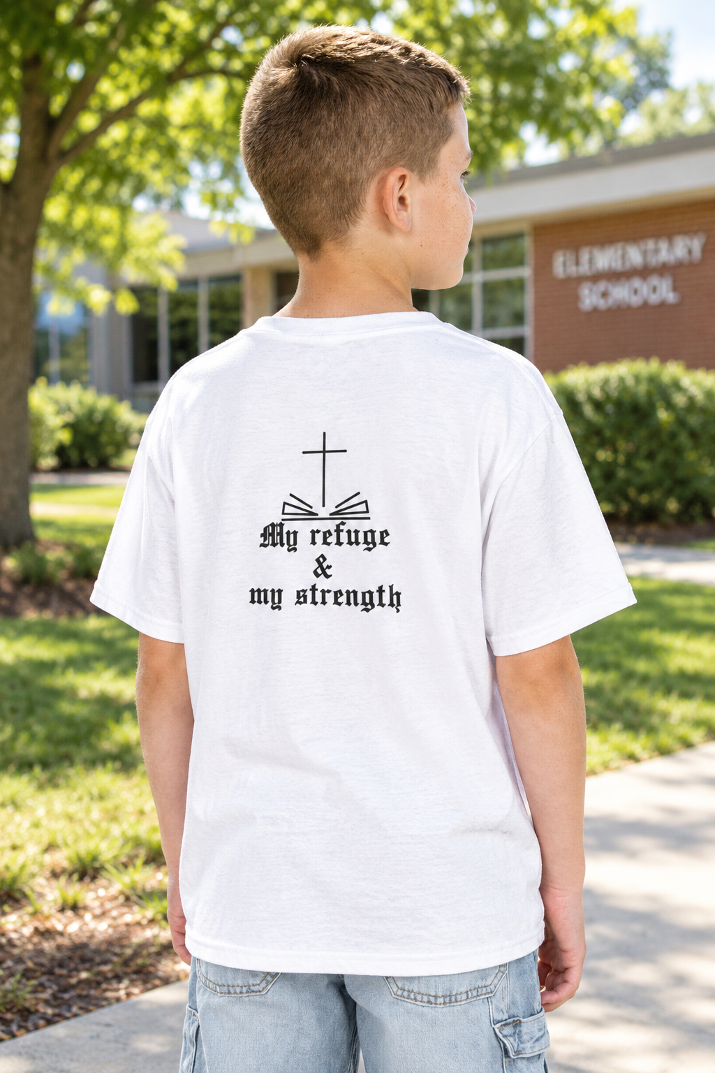 Kids Christian T‑Shirt — Gold Cross & "my refuge & my strength" Faith Tee