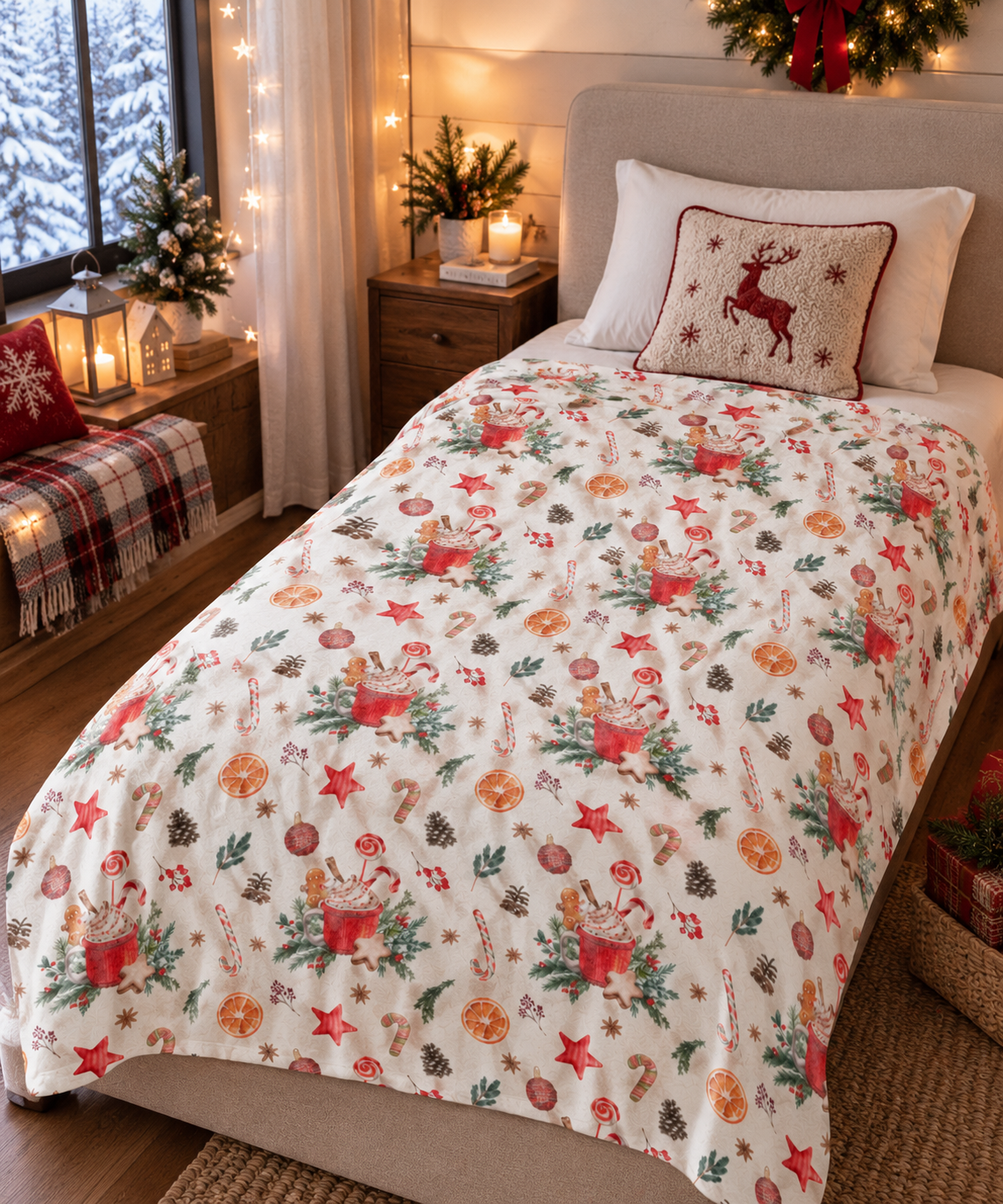 Christmas Hot Cocoa Pattern Velveteen Plush Blanket — Cozy Holiday Throw with Candy Canes & Ornaments