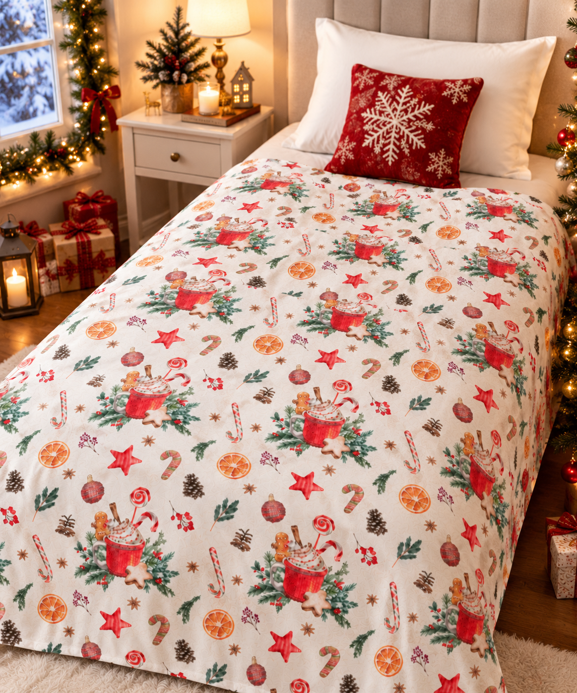 Christmas Hot Cocoa Pattern Velveteen Plush Blanket — Cozy Holiday Throw with Candy Canes & Ornaments