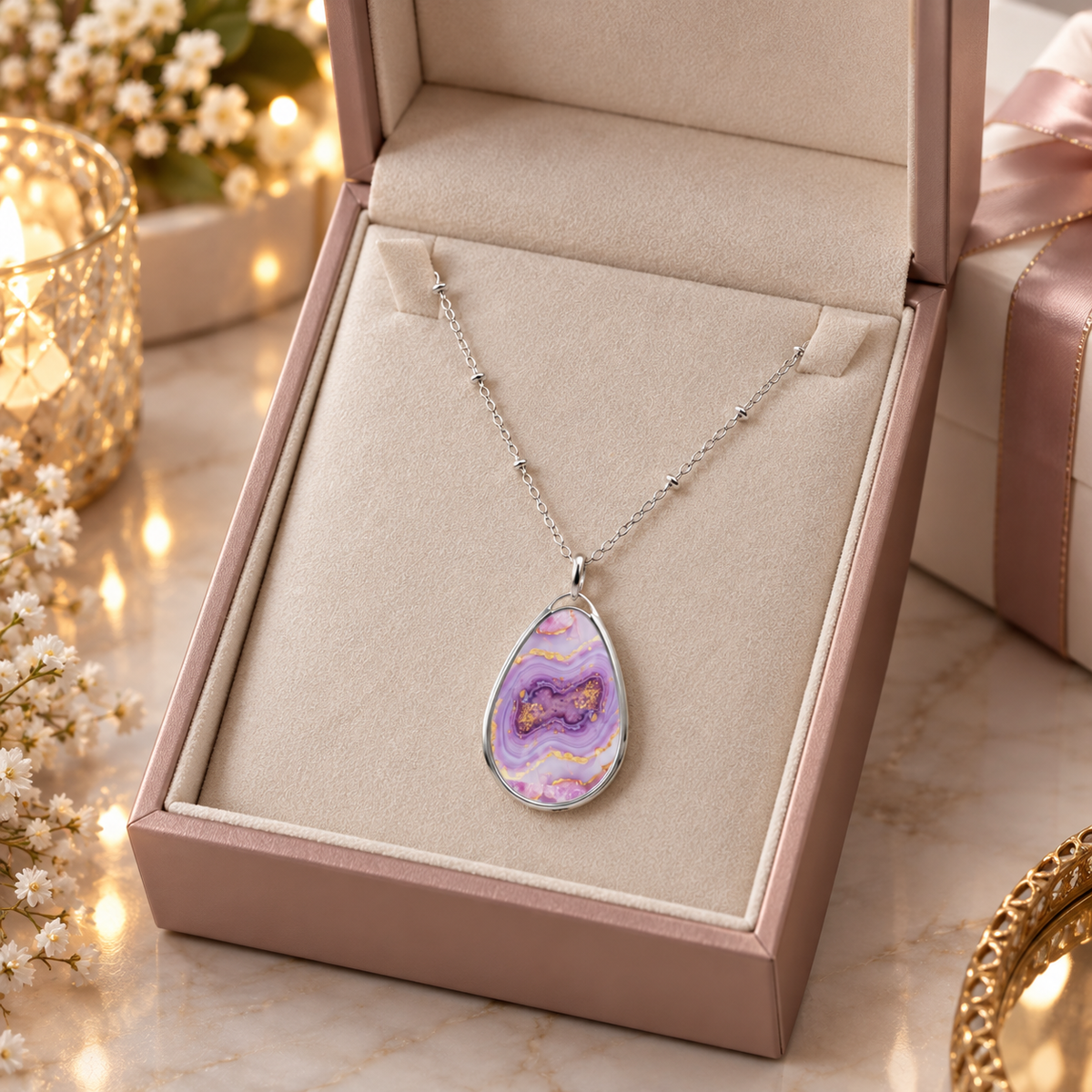 Elegant Purple Agate-Print Teardrop Pendant Necklace