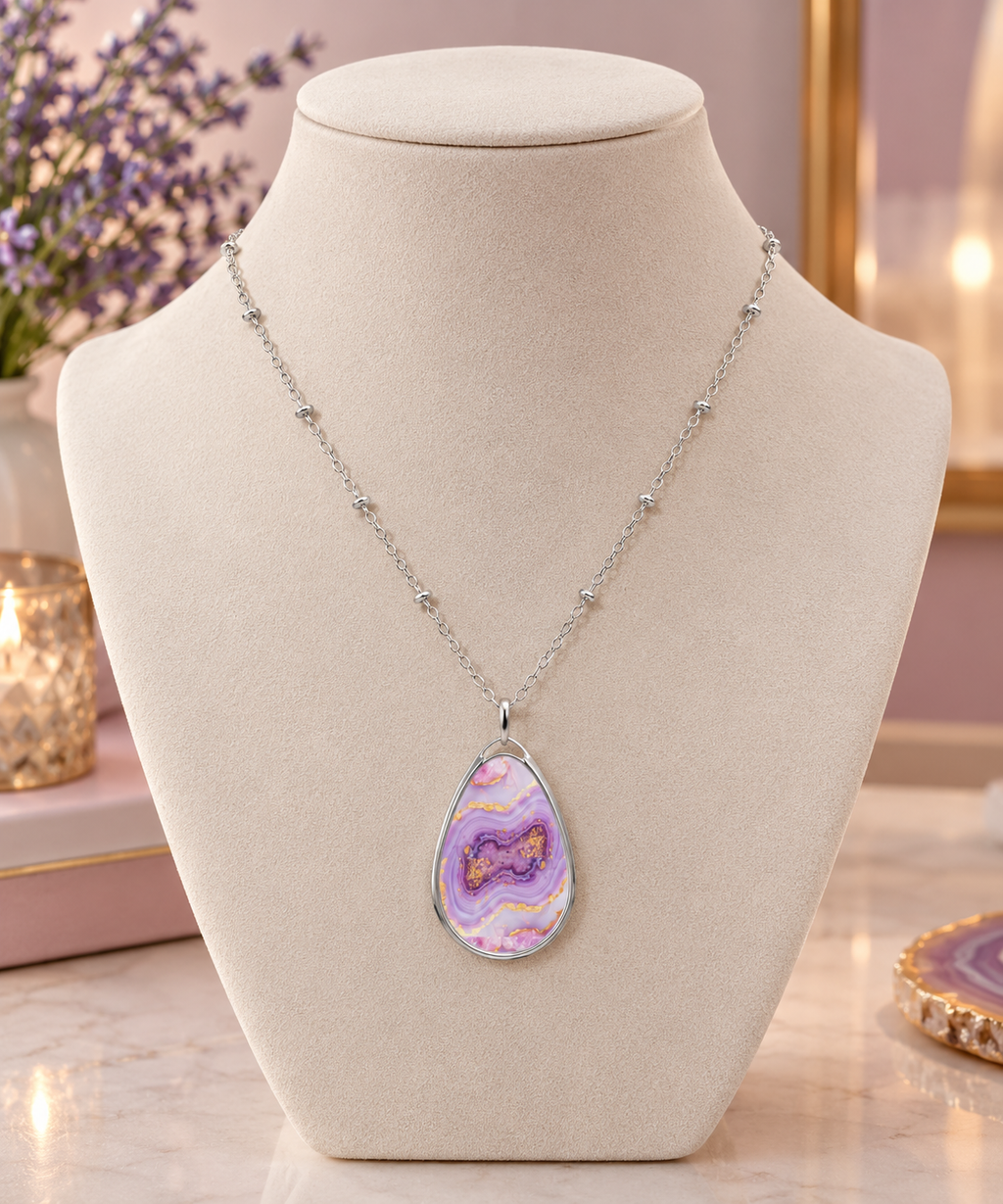 Elegant Purple Agate-Print Teardrop Pendant Necklace